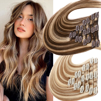 #ad US SALE 100% Real Human Hair Extensions Clip In Remy Hair Full Head Highlight 22 $21.34