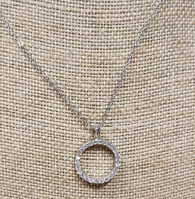 #ad Rhinestone Pendant Necklace Silver Tone Circle. 16quot; W 3quot; Ext. Circle Is 3 4quot; $5.96