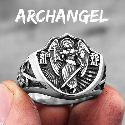 #ad Archangel St.Michael Religion Amulet Stainless Steel Mens Rings Punk Male 7 13 $10.99