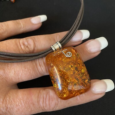 #ad LOVELY LARGE ESTATE STERLING AMBER PENDANT BROWN MULTI CORD NECKLACE 18” LONG $92.48