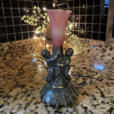 Meyda Tiffany Lighting 11” H Twin Cherub Pond Lily Mini Lamp Pink *Ships Free* $69.99