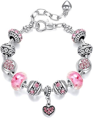 #ad PANDORA SILVER BRACELET WITH CRYSTAL HEART AND LOVE EUROPEAN CHARMS $19.99