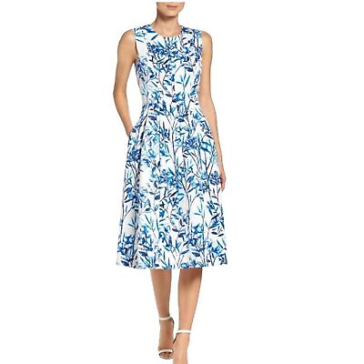 #ad Eliza J Womens FLORAL SLEEVELESS FIT amp; FLARE LINED BLUE WHITE Midi DRESS 4 NWT $45.00