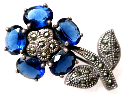 #ad VINTAGE GORGEOUS STERLING SILVER BLUE CRYSTAL W MARCASITE FLOWER PIN BROOCH $39.99
