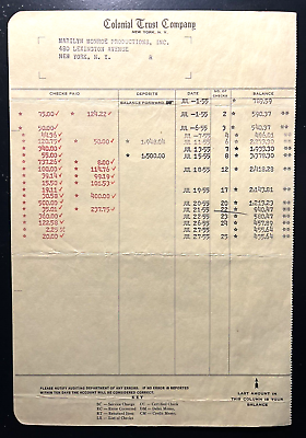 #ad MARILYN MONROE PROD. ONE OF A KIND ORIG. JULY 1955 BANK ACCOUNT STATEMENT $749.50