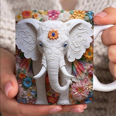 #ad 3D White Elephant Flowers Mug 11OZ $14.99