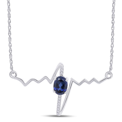 #ad Blue Sapphire amp; Real Diamond Heartbeat Pendant W 18quot; Chain 925 Sterling Silver $308.42