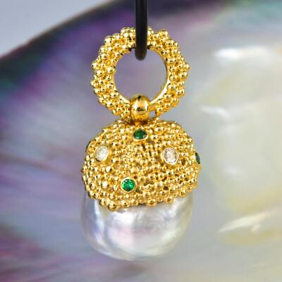 #ad Gigantic South Sea Pearl Pendant Gold Vermeil Sterling Diamond amp; Emerald 14.96g $429.00