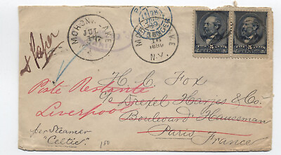 #ad 1889 5ct garfield x2 Mohonk Lake NY cover to France y8841 $15.00