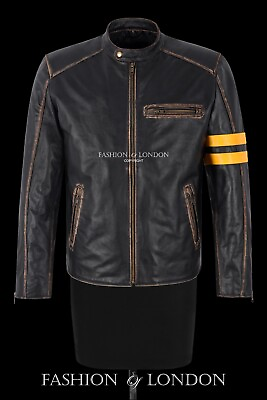 #ad Men#x27;s Thick Cowhide Vintage Leather Jacket Cafe Racer Biker Riding Style Jacket GBP 85.53