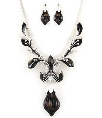 #ad Austrian Crystal Women Necklace Earrings Set Silver Plated Plum Drop Black Grey $21.57