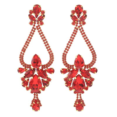 #ad Gold Tone Large Crystal Rhinestone Chandelier Post Earrings ESE2675 RED $19.99