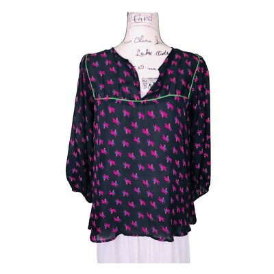 #ad Tucker Silk Floral Print Blouse Size Medium Black Purple Split Neck Long Sleeve $40.00