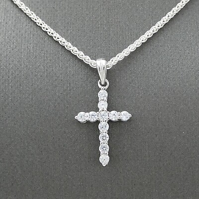 #ad Sterling Silver Rhodium Plated CZ Italy Cross Charm Pendant Necklace 18in New $84.55