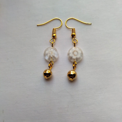 #ad Millefiori Clear White Glass Flat Bead Dangle Hook Earrings Handmade Gold Tone $5.09