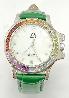 #ad HSN Colleen Lopez Multi Gemstone Of Pearl Green Leather Strap Watch $199.99