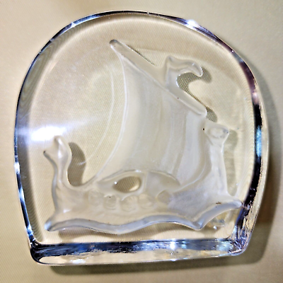 #ad Crystal Ship Paperweight Scandinavian Glass Nybro Sweden Rune Strand Design $20.00