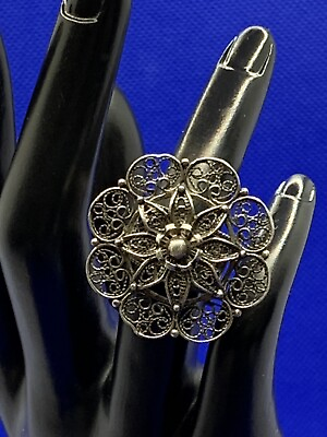 #ad Sterling Silver 925 Filigree Flower Floral Designer Ring Artist Signed B Turkey $50.62