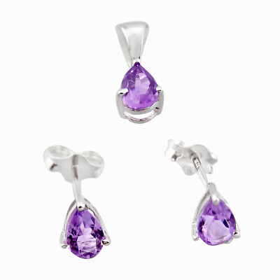 #ad 1.50cts Natural Purple Amethyst Pear 925 Sterling Silver Pendant Earrings Set $6.99