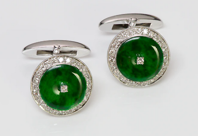 #ad Vintage Round Shape Green Jade amp; Lab Created White Diamonds 935 Silver Cufflinks $299.00