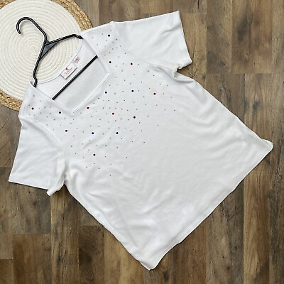 #ad Quacker Factory White Beaded Square Neck Top Size Large Short Sleeves $12.72