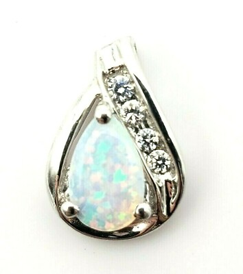 #ad Petite Sterling Silver 925 Opal Pear CZ Pave Charm Pendant $54.00