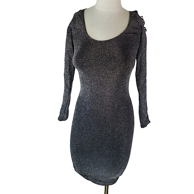 #ad Bebe Dress Slash Detail Bodycon Long Sleeve Size SP Small Petite Silver $25.00