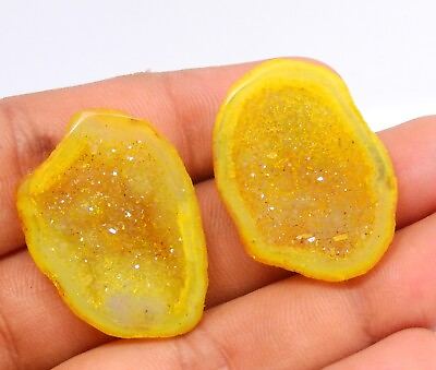 #ad 41 CTS NATURAL DYED GEODE DRUZY PAIR AGATE GEMSTONE USE FOR JEWELLERY DR 3 $10.12