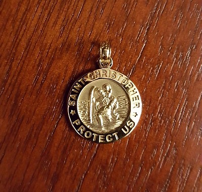 #ad 14K SOLID GOLD SMALL SAINT ST CHRISTOPHER MEDAL CHARM ROUND PENDANT 0.9quot; INCH $205.72