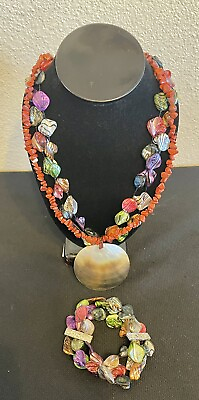 #ad 21” Large Shell Pendant Stone Bead Necklace With Matching Stretch Bracelet $9.99