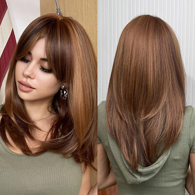 #ad Dark Brown Highlights Hair Wigs with Women Hair Wigs with Bangs Fanshion Daily $16.91