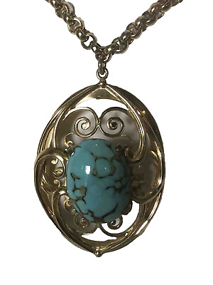 #ad VTG Whiting Davis Large Turquoise Stone And Gold Filigree Pendant 20” Necklace $24.95