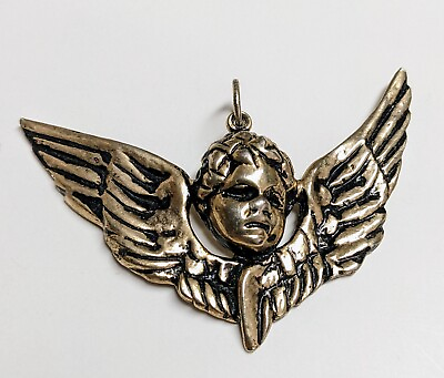 #ad Cherub Charm Winged Angel Metal Large Pendant Vintage $13.25