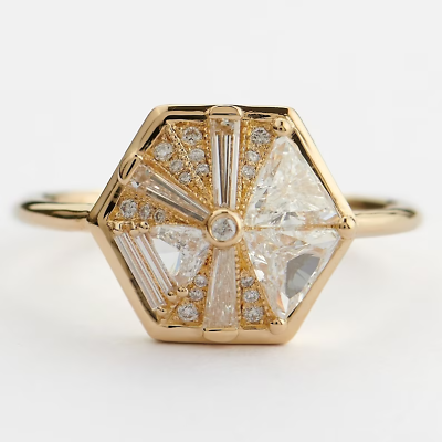 #ad Fancy Cut Diamond Hexagon Shape Ring Trillion Cut CZ Engagement Ring Bezel Set $83.72