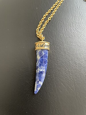 #ad Blue and White Sodalite Stone horn pendant necklace engraved Wisdom $25.00