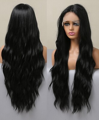 #ad T Lace Front Wig Heat Resistant Synthetic Hair Natural black Long Wavy Fashion $26.99