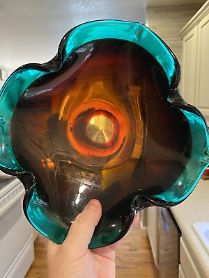 #ad Vintage Murano Style Handmade Art Glass Crimped Edges Blue Green amp; Amber Bowl $45.00