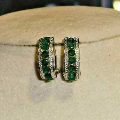 #ad 2 Ct Round Cut Simulated Emerald amp; Diamond Hoop Earrings 14k White Gold Plated $71.99