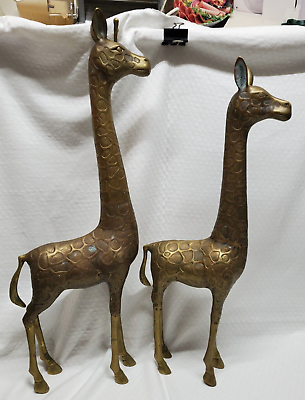 #ad Vintage Pair Of Large Brass Giraffe Statues Sculptures 29quot; amp; 25quot; tall Korea 1970 $650.00