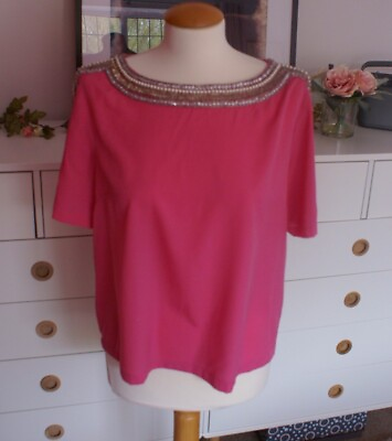 #ad Topshop 14 Top Blouse Pink BNWT Beaded Diamante Pearl Collar amp; Sleeves GBP 19.99