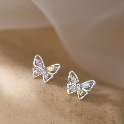 #ad 925 Silver Crystal Butterfly Zircon Earrings Ear Stud Elegant Women Jewelry Gift C $2.99