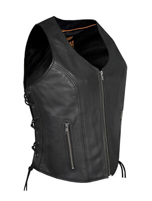 #ad Women Zipper Front Vest Side Laces Conceal Carry Pockets Premium Cowhide Le... $88.22