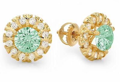 #ad 3.45ct Round Cut Halo Studs Green 18K Yellow Gold Earrings simulated gem $255.54