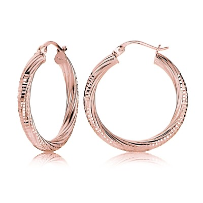 #ad Rose Gold Tone over Sterling Silver 3mm Textured Twist Round Hoop Earrings 25mm $14.99