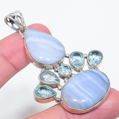 #ad Natural Blue Lace Agate Gemstone Pendant 925 Sterling Silver Jewelry For Women $38.99