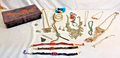 #ad Vintage Jewelry Lot Velvet Covered Box Hand Painted Chokers Earrings and more $39.95
