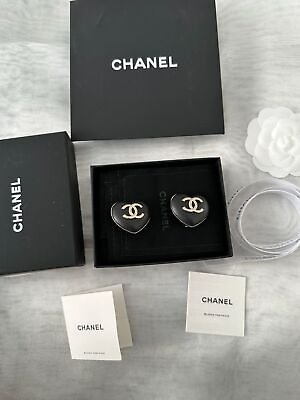 #ad MINT Chanel Heart Shaped Earrings Black From Japan $589.00
