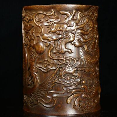 #ad Chinese Antique Bamboo Carving Nice Dragon Phoenix Brush Pot Office Supplies Art $99.12