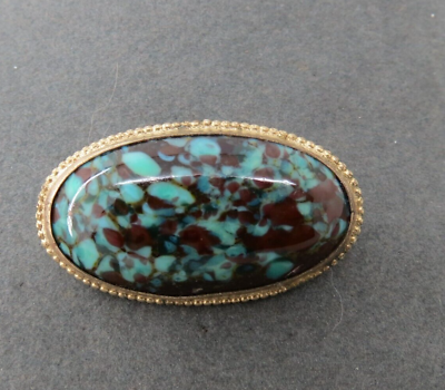 #ad Victorian Brooch Pin Colorful Speckled Oval Colorful Stone Green Black C Catch $22.00