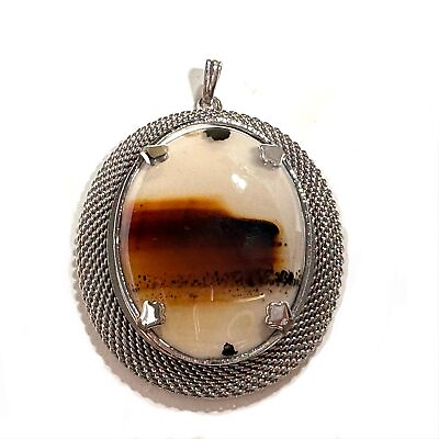 #ad Oval Shaped Agate Necklace Pendant Mesh Silver Tone Setting Unfinished Jewelry $23.99